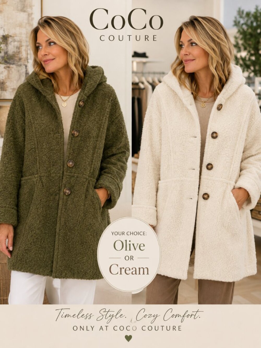 YC443 Button-Front Hooded Jacket in your choice of Olive or Cream by Picadilly